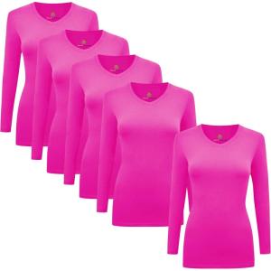 Natural Uniforms Women’s V-Neck Long Sleeve Under Scrub Stretch T-Shirt – Multi Pack of 5(Neon Pink)