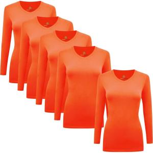 Natural Uniforms Women’s V-Neck Long Sleeve Under Scrub Stretch T-Shirt – Multi Pack of 5(Orange)