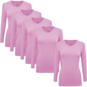 Natural Uniforms Women’s V-Neck Long Sleeve Under Scrub Stretch T-Shirt – Multi Pack of 5(Pink)