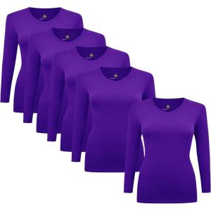 Natural Uniforms Women’s V-Neck Long Sleeve Under Scrub Stretch T-Shirt – Multi Pack of 5(Purple)