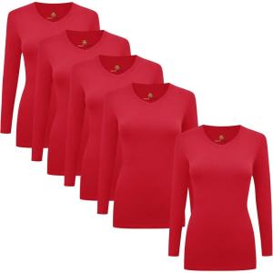 Natural Uniforms Women’s V-Neck Long Sleeve Under Scrub Stretch T-Shirt – Multi Pack of 5(Red)