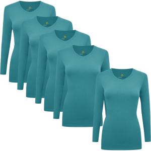 Natural Uniforms Women’s V-Neck Long Sleeve Under Scrub Stretch T-Shirt – Multi Pack of 5(Teal)
