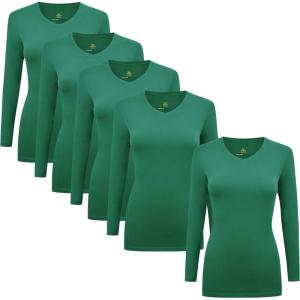 Natural Uniforms Women’s V-Neck Long Sleeve Under Scrub Stretch T-Shirt – Multi Pack of 5(True Hunter Green)