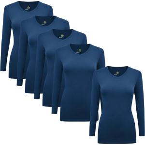 Natural Uniforms Women’s V-Neck Long Sleeve Under Scrub Stretch T-Shirt – Multi Pack of 5(True Navy Blue)