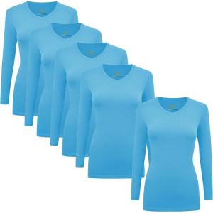 Natural Uniforms Women’s V-Neck Long Sleeve Under Scrub Stretch T-Shirt – Multi Pack of 5(Water Blue)