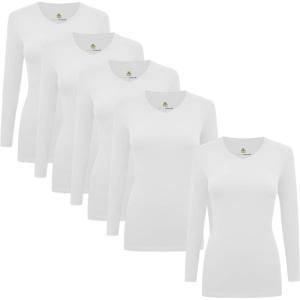 Natural Uniforms Women’s V-Neck Long Sleeve Under Scrub Stretch T-Shirt – Multi Pack of 5(White)