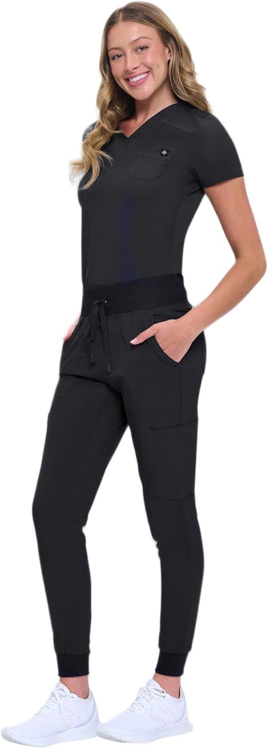 imageNatural Uniforms Womens Cool Stretch Modern TuckIn Top Yoga Jogger Scrub Set with Regular and Petite SizesBlack