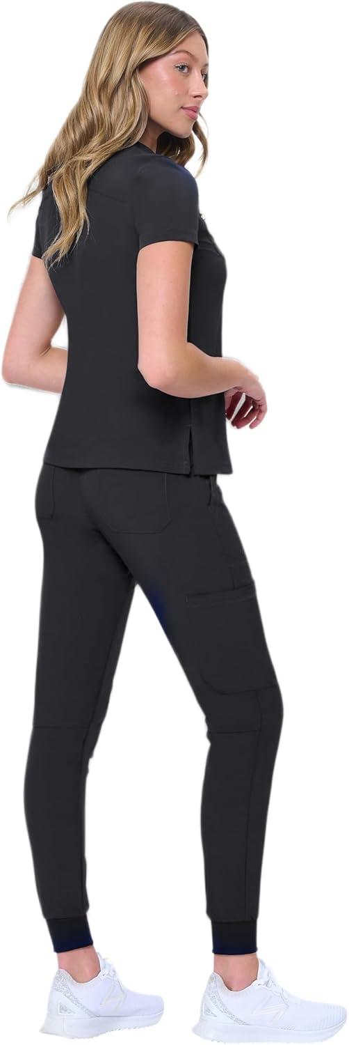 imageNatural Uniforms Womens Cool Stretch Modern TuckIn Top Yoga Jogger Scrub Set with Regular and Petite SizesBlack