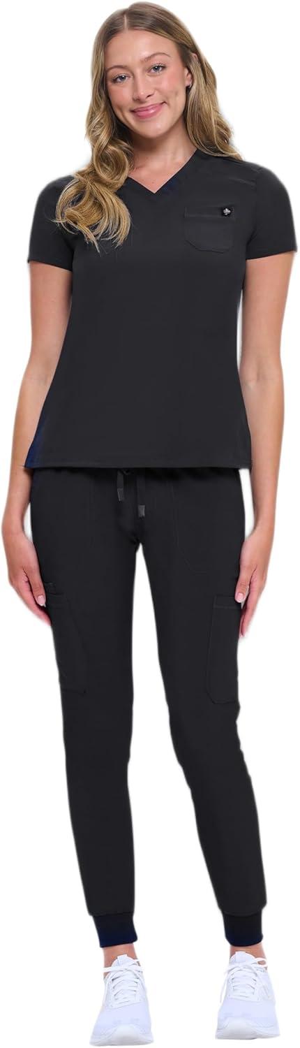 imageNatural Uniforms Womens Cool Stretch Modern TuckIn Top Yoga Jogger Scrub Set with Regular and Petite SizesBlack