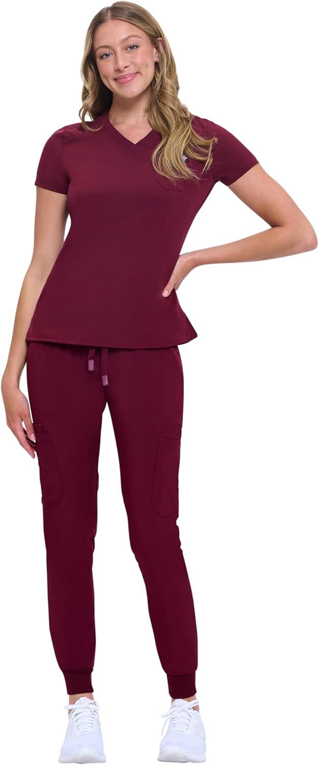 imageNatural Uniforms Womens Cool Stretch Modern TuckIn Top Yoga Jogger Scrub Set with Regular and Petite SizesBurgundy