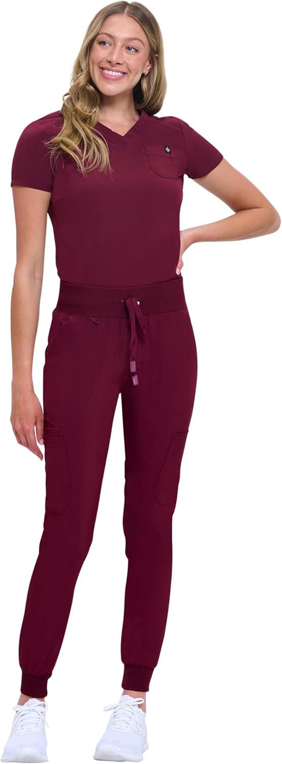 imageNatural Uniforms Womens Cool Stretch Modern TuckIn Top Yoga Jogger Scrub Set with Regular and Petite SizesBurgundy