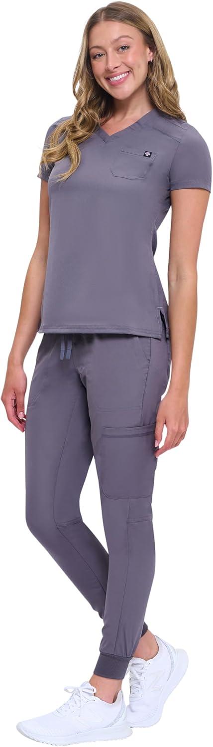 imageNatural Uniforms Womens Cool Stretch Modern TuckIn Top Yoga Jogger Scrub Set with Regular and Petite SizesCharcoal