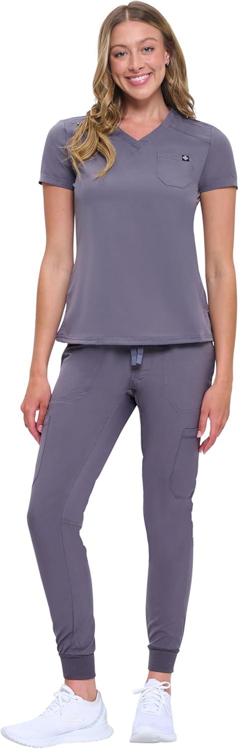 imageNatural Uniforms Womens Cool Stretch Modern TuckIn Top Yoga Jogger Scrub Set with Regular and Petite SizesCharcoal