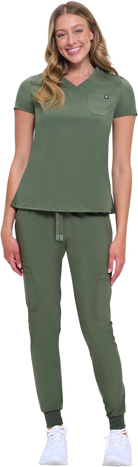 imageNatural Uniforms Womens Cool Stretch Modern TuckIn Top Yoga Jogger Scrub Set with Regular and Petite SizesOlive