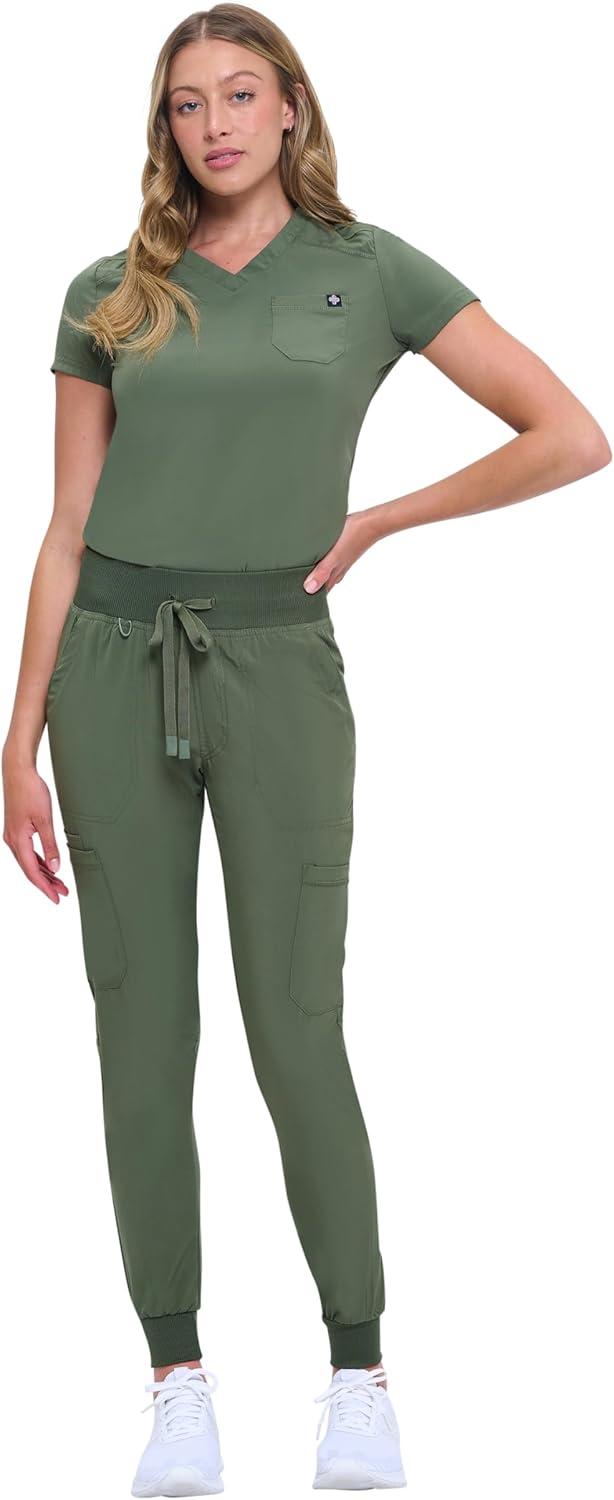 imageNatural Uniforms Womens Cool Stretch Modern TuckIn Top Yoga Jogger Scrub Set with Regular and Petite SizesOlive