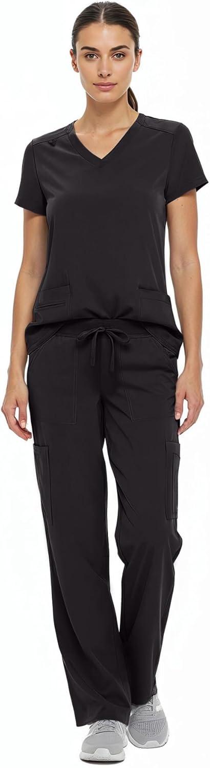 imageNatural Uniforms Womens Cool Stretch VNeck Top and Cargo Pant Scrub Set with Regular and Petite SizesBlack