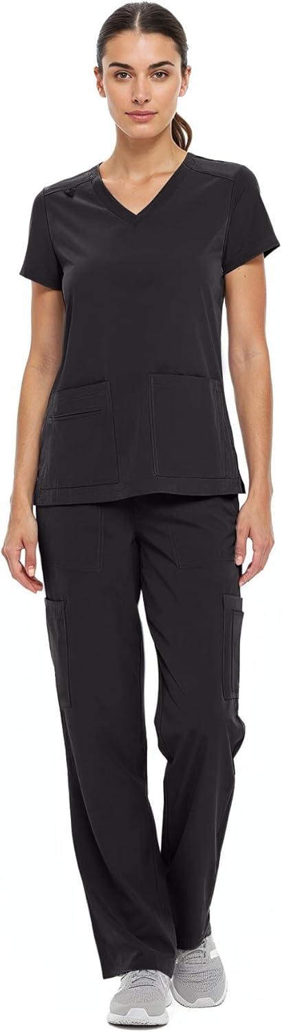 imageNatural Uniforms Womens Cool Stretch VNeck Top and Cargo Pant Scrub Set with Regular and Petite SizesBlack