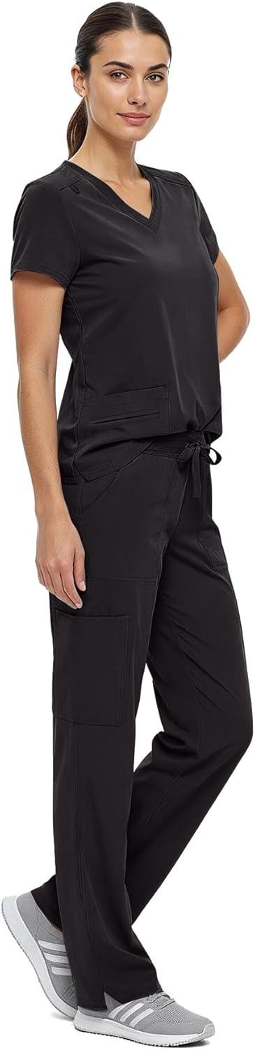 imageNatural Uniforms Womens Cool Stretch VNeck Top and Cargo Pant Scrub Set with Regular and Petite SizesBlack