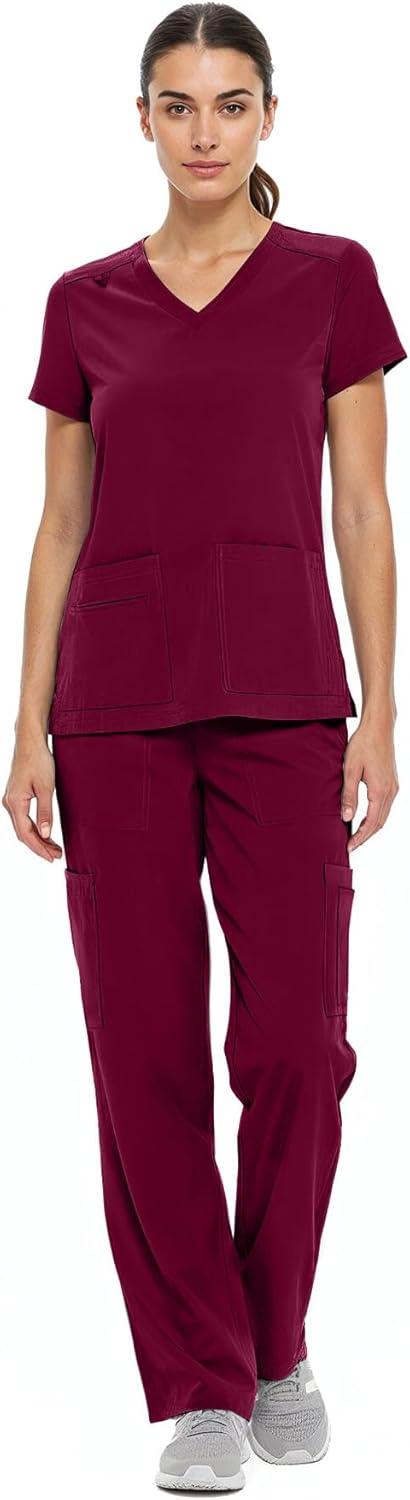 imageNatural Uniforms Womens Cool Stretch VNeck Top and Cargo Pant Scrub Set with Regular and Petite SizesBurgundy