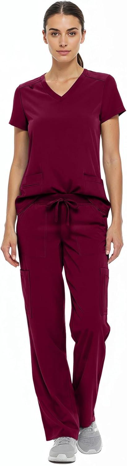 imageNatural Uniforms Womens Cool Stretch VNeck Top and Cargo Pant Scrub Set with Regular and Petite SizesBurgundy