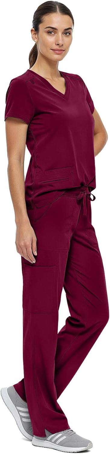 imageNatural Uniforms Womens Cool Stretch VNeck Top and Cargo Pant Scrub Set with Regular and Petite SizesBurgundy