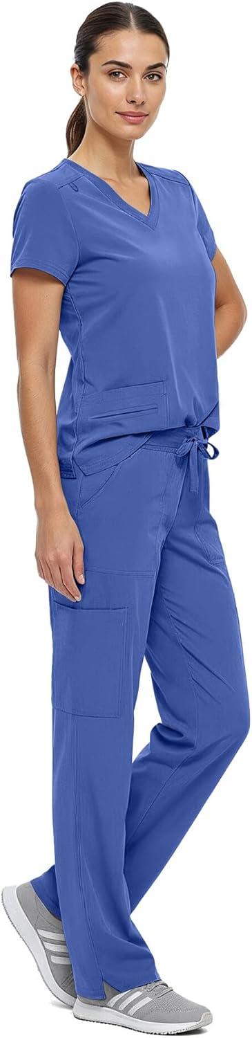 imageNatural Uniforms Womens Cool Stretch VNeck Top and Cargo Pant Scrub Set with Regular and Petite SizesCeil Blue