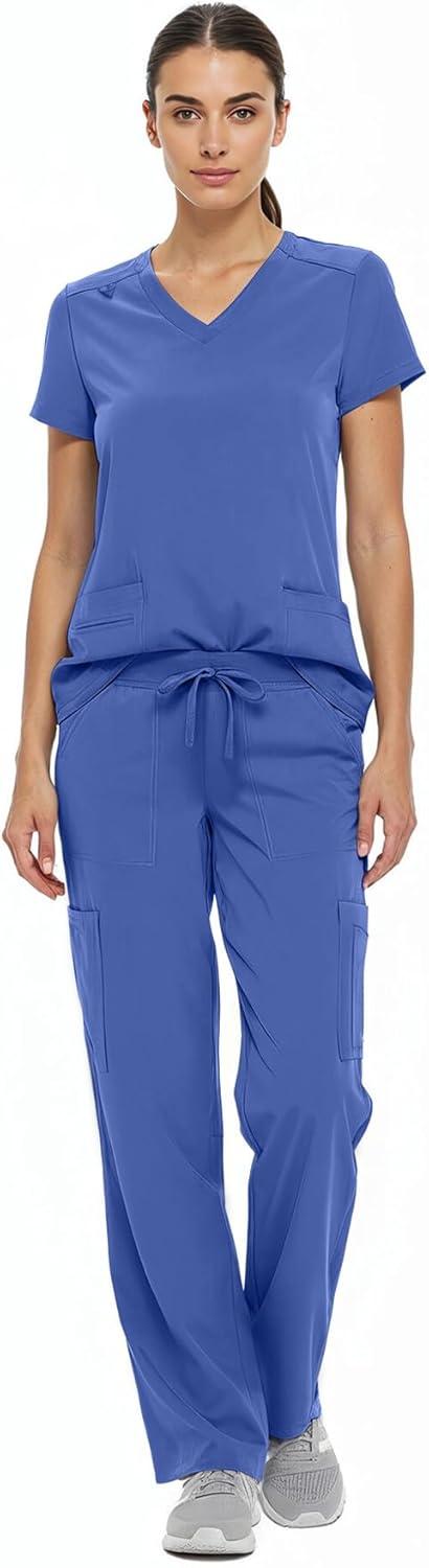 imageNatural Uniforms Womens Cool Stretch VNeck Top and Cargo Pant Scrub Set with Regular and Petite SizesCeil Blue