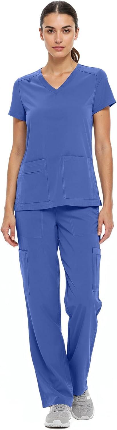imageNatural Uniforms Womens Cool Stretch VNeck Top and Cargo Pant Scrub Set with Regular and Petite SizesCeil Blue
