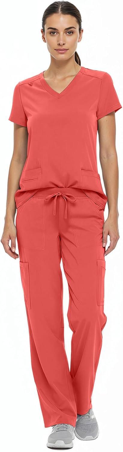 imageNatural Uniforms Womens Cool Stretch VNeck Top and Cargo Pant Scrub Set with Regular and Petite SizesCoral
