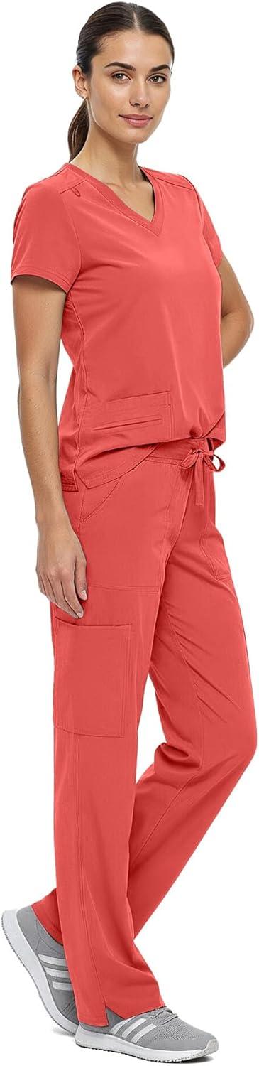 imageNatural Uniforms Womens Cool Stretch VNeck Top and Cargo Pant Scrub Set with Regular and Petite SizesCoral