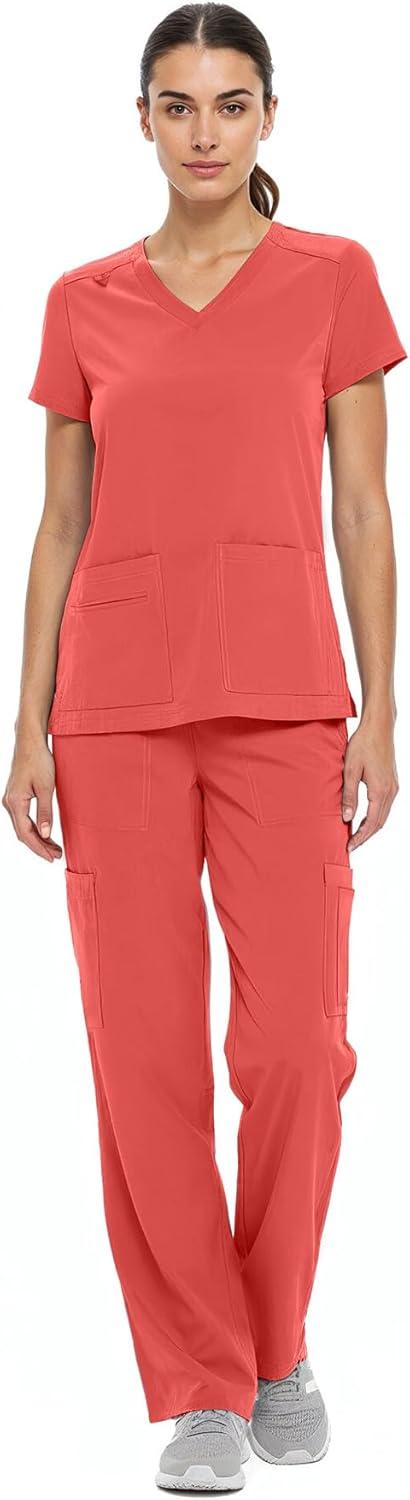 imageNatural Uniforms Womens Cool Stretch VNeck Top and Cargo Pant Scrub Set with Regular and Petite SizesCoral