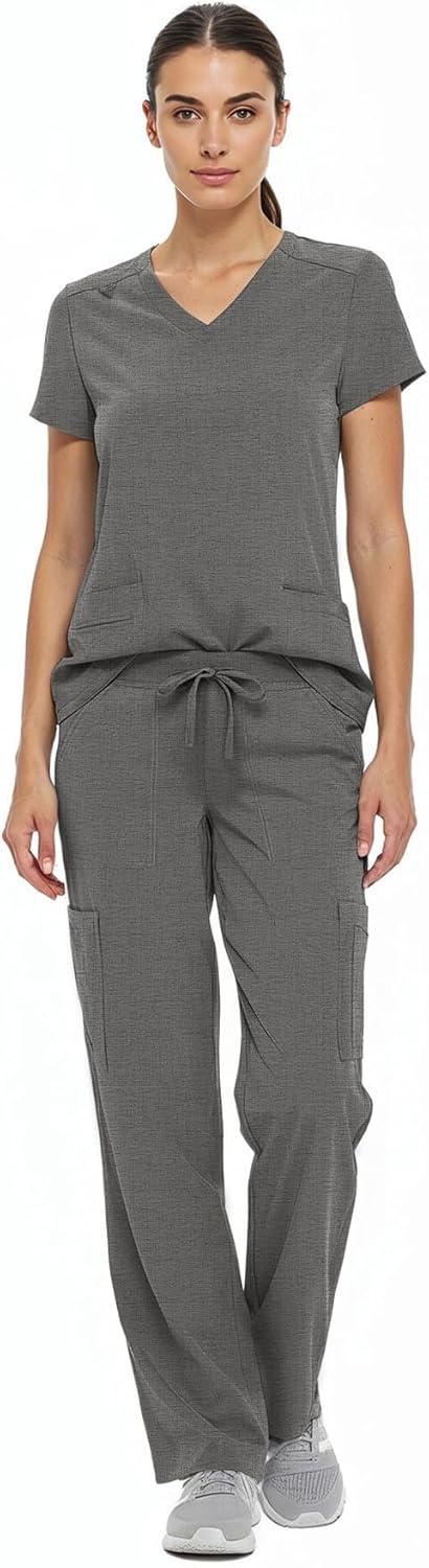imageNatural Uniforms Womens Cool Stretch VNeck Top and Cargo Pant Scrub Set with Regular and Petite SizesHeather Grey