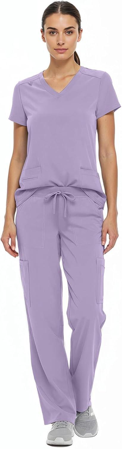 imageNatural Uniforms Womens Cool Stretch VNeck Top and Cargo Pant Scrub Set with Regular and Petite SizesLavender