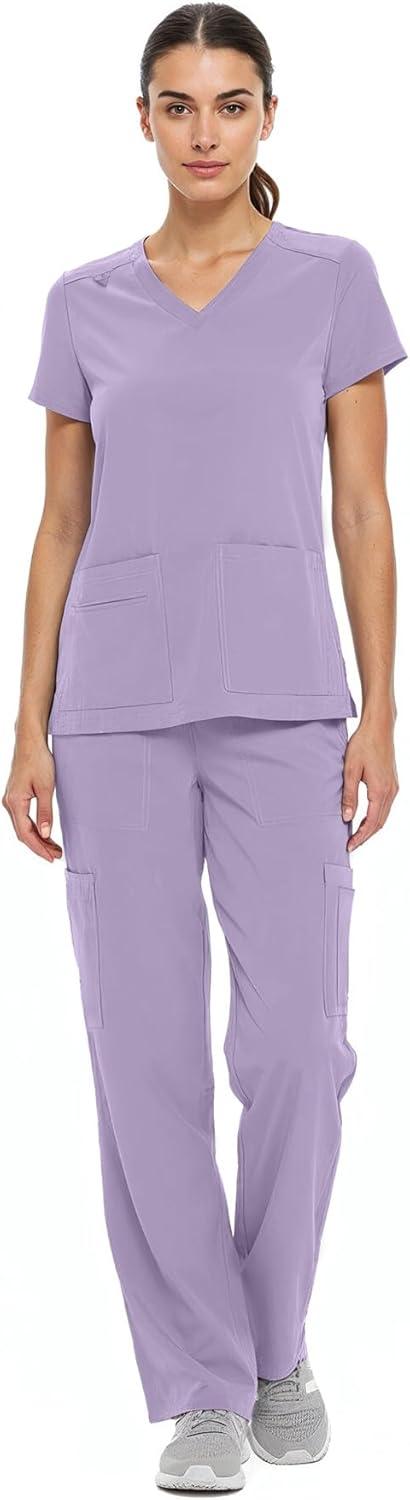 imageNatural Uniforms Womens Cool Stretch VNeck Top and Cargo Pant Scrub Set with Regular and Petite SizesLavender