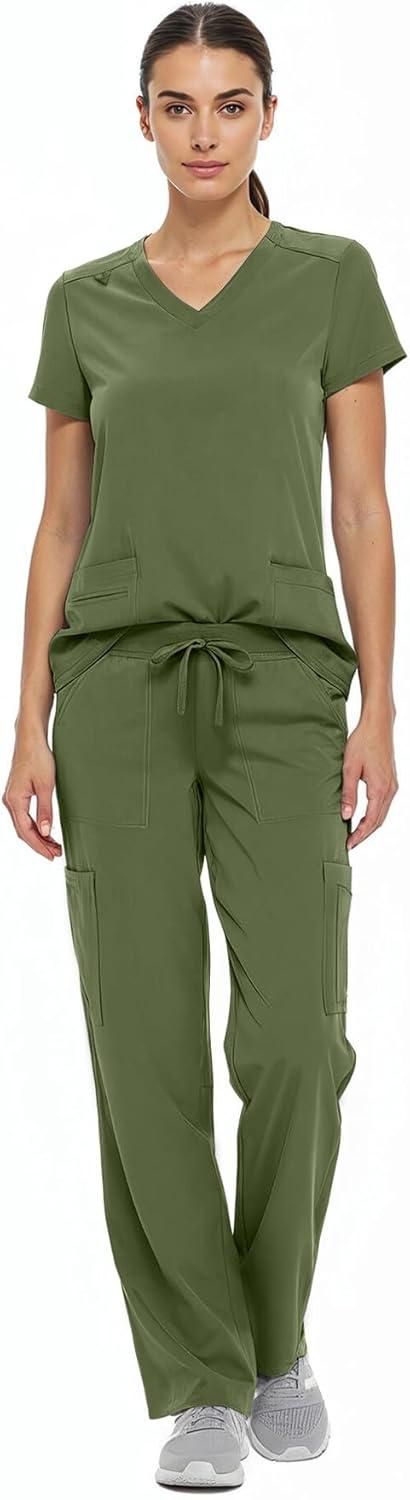 imageNatural Uniforms Womens Cool Stretch VNeck Top and Cargo Pant Scrub Set with Regular and Petite SizesOlive