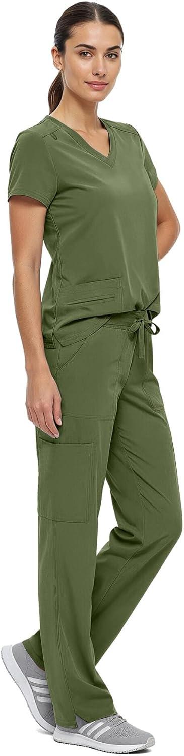 imageNatural Uniforms Womens Cool Stretch VNeck Top and Cargo Pant Scrub Set with Regular and Petite SizesOlive