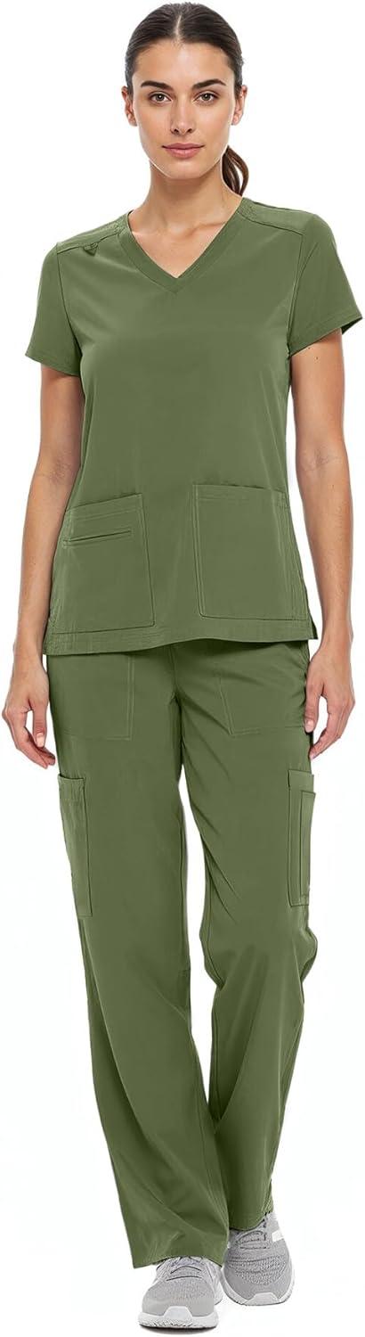 imageNatural Uniforms Womens Cool Stretch VNeck Top and Cargo Pant Scrub Set with Regular and Petite SizesOlive