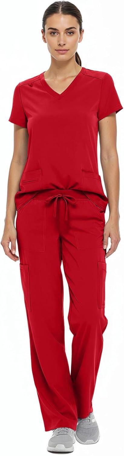 imageNatural Uniforms Womens Cool Stretch VNeck Top and Cargo Pant Scrub Set with Regular and Petite SizesRed