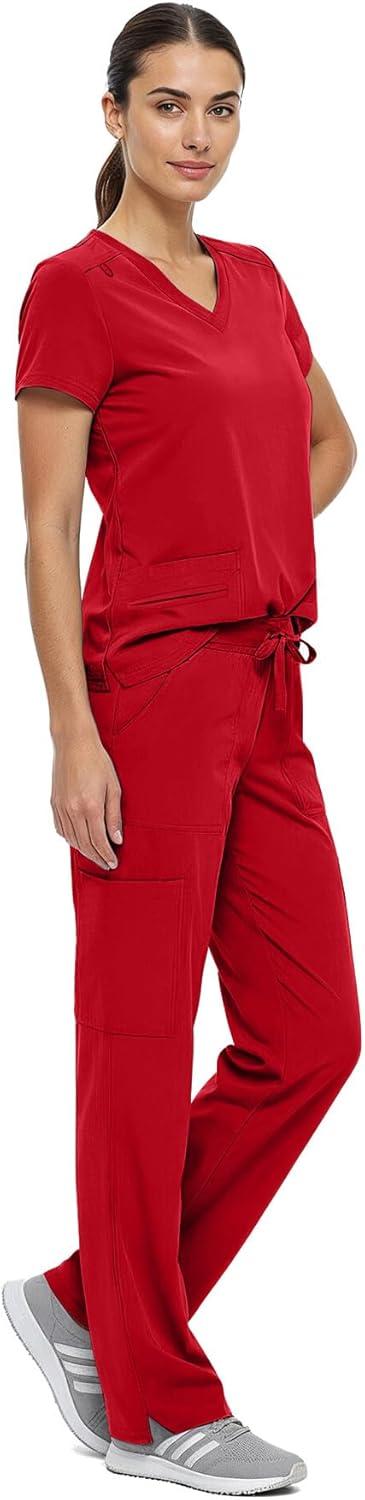 imageNatural Uniforms Womens Cool Stretch VNeck Top and Cargo Pant Scrub Set with Regular and Petite SizesRed