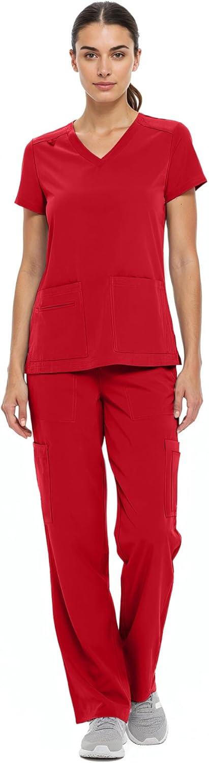 imageNatural Uniforms Womens Cool Stretch VNeck Top and Cargo Pant Scrub Set with Regular and Petite SizesRed