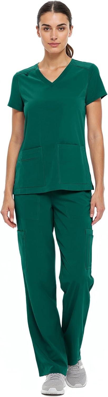 imageNatural Uniforms Womens Cool Stretch VNeck Top and Cargo Pant Scrub Set with Regular and Petite SizesTrue Hunter Green