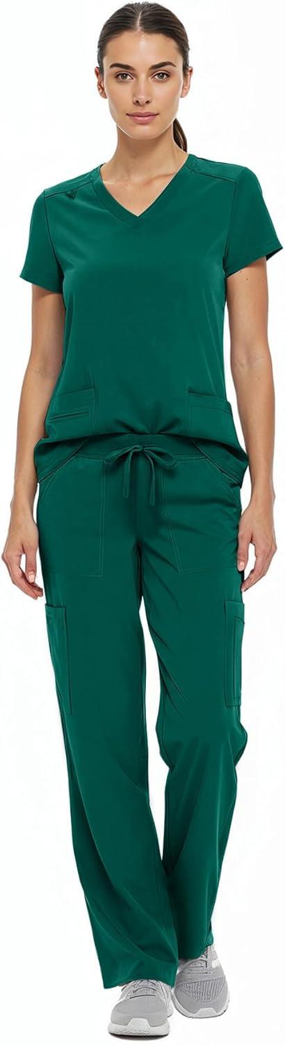 imageNatural Uniforms Womens Cool Stretch VNeck Top and Cargo Pant Scrub Set with Regular and Petite SizesTrue Hunter Green