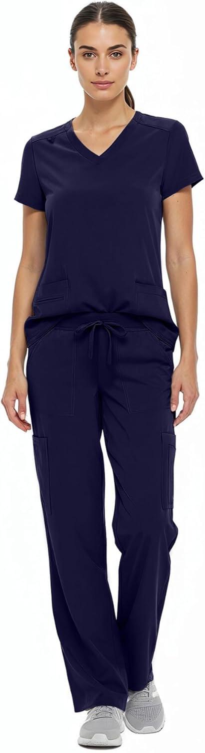 imageNatural Uniforms Womens Cool Stretch VNeck Top and Cargo Pant Scrub Set with Regular and Petite SizesTrue Navy Blue