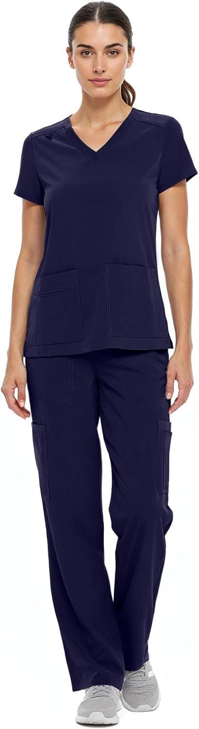imageNatural Uniforms Womens Cool Stretch VNeck Top and Cargo Pant Scrub Set with Regular and Petite SizesTrue Navy Blue