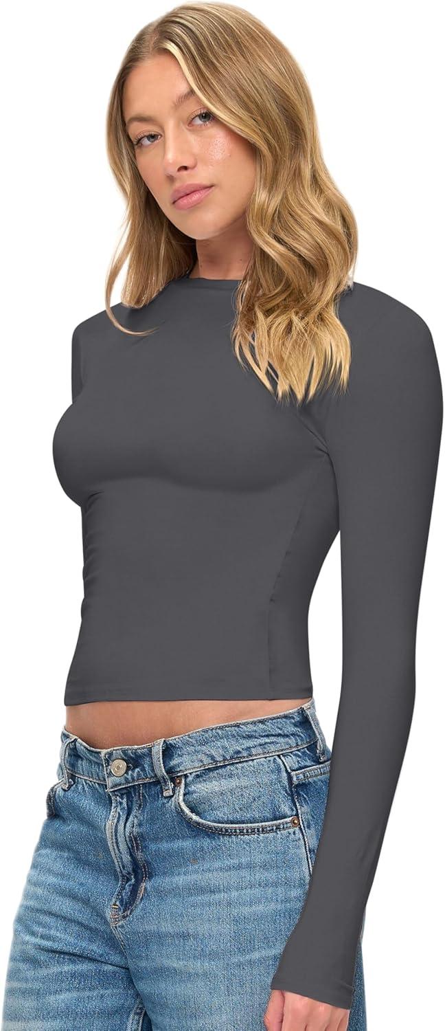 imageNatural Uniforms Womens Super Soft Super Stretch Y2K Long Sleeve Baby Tee Crop TopCharcoal