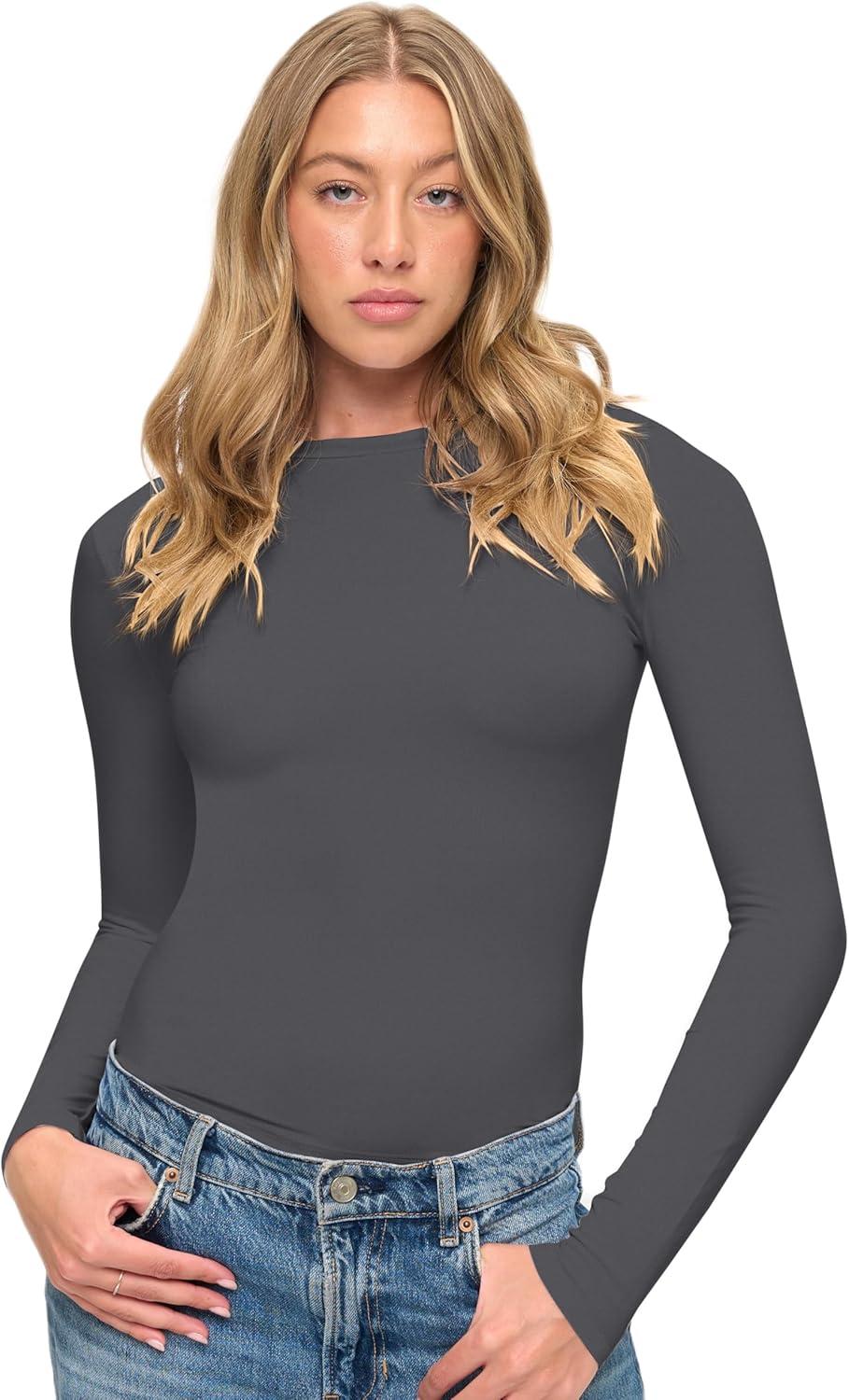 imageNatural Uniforms Womens Super Soft Super Stretch Y2K Long Sleeve Baby Tee Crop TopCharcoal