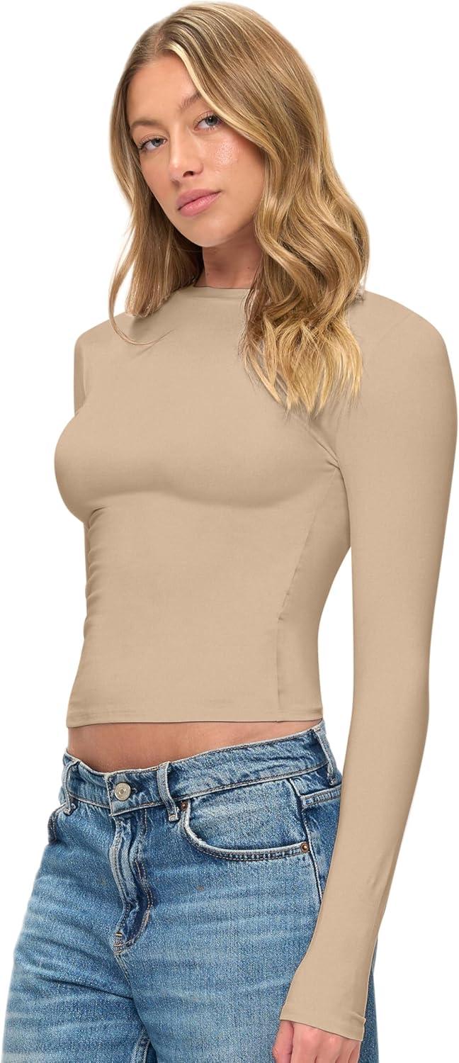 imageNatural Uniforms Womens Super Soft Super Stretch Y2K Long Sleeve Baby Tee Crop TopSand