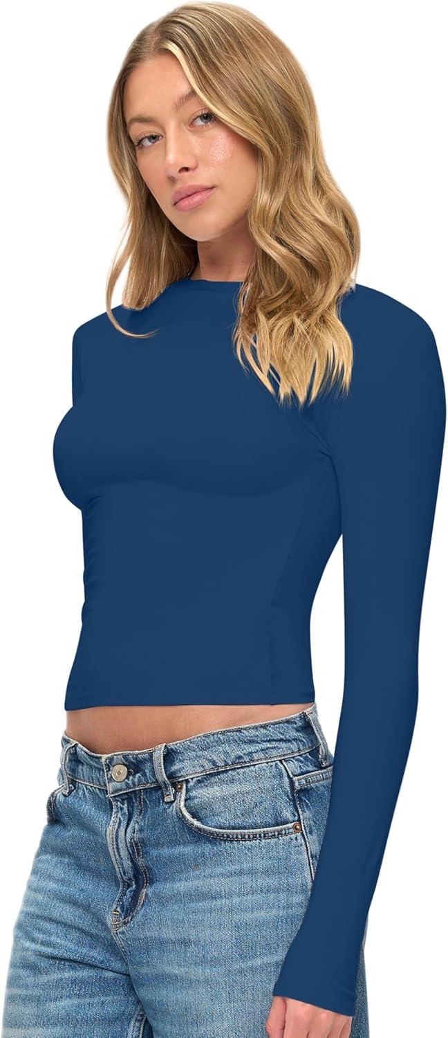 imageNatural Uniforms Womens Super Soft Super Stretch Y2K Long Sleeve Baby Tee Crop TopTrue Navy Blue