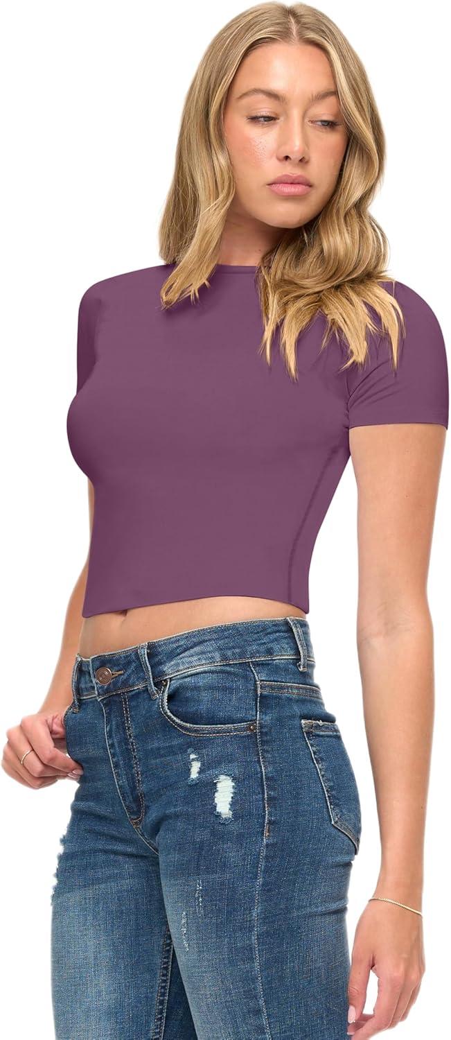 imageNatural Uniforms Womens Super Soft Super Stretch Y2K Short Sleeve Baby Tee Crop TopArgyle Purple
