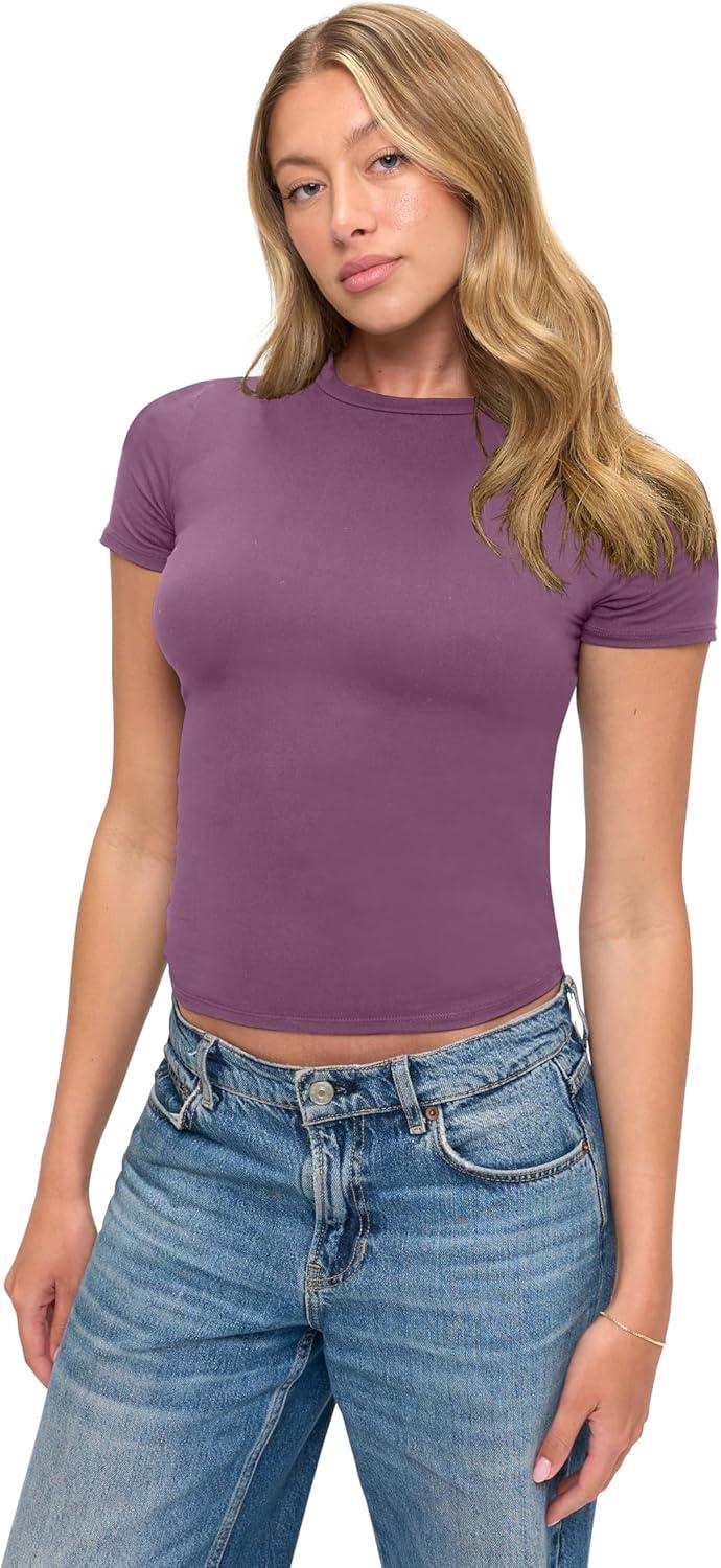 imageNatural Uniforms Womens Super Soft Super Stretch Y2K Short Sleeve Baby Tee Crop TopArgyle Purple